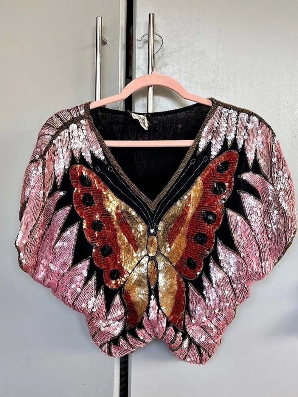 Swee Lo Vintage Sequin Butterfly Top Silk Blouse Pink & Black